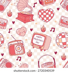 Patrón sin fisuras de la música del amor de los años 90, papel digital retro de San Valentín de moda, Vector de diseño de patrón de repetición de radio de amor de Antiguas