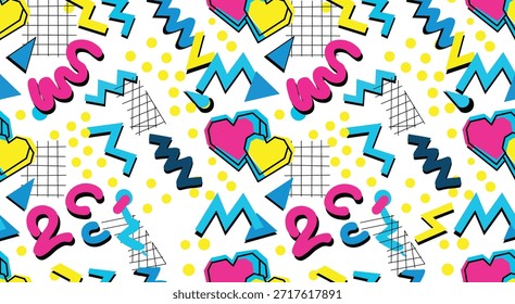 90er Memphis Stil Nahtloses Muster Herzen Geometrische Retro Vektor