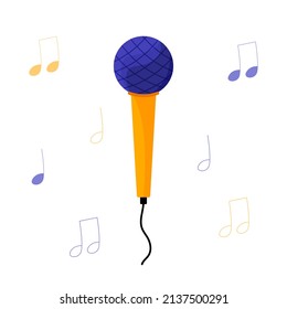 90s microphone. Vector flat illustration of retro old microphone isolated on white background. Vintage colorful 80s and 90s round mic with wire.