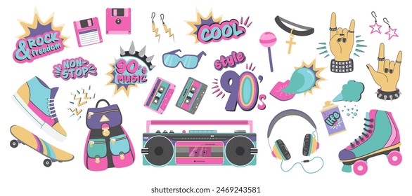 Ilustración de conjunto de sentimiento de los años 90 en diseño plano. Pegatinas de arte Pop diseño plano de los años 90. Atributos de la cultura pop de los años 90. Ilustración vectorial
