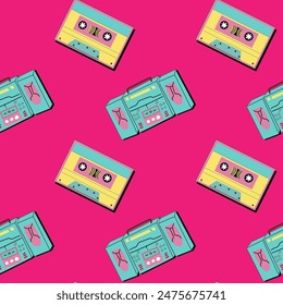 90s music background with audio equipment from 00s. Retro fashion seamless pattern with cassette. Geometry shapes and other 90s elements background.