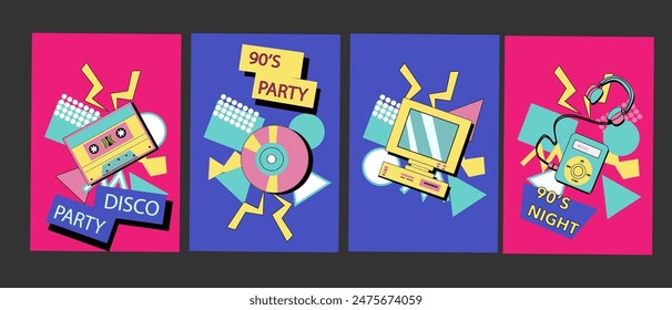 90s music background. Retro disco posters set with y2k or 00s elements. Game or music equipment, laptop from 90s. Bright background for social network.