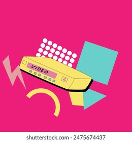 90s music background. Retro disco banner with y2k or 00s elements. Game or music equipment, laptop from 90s. Bright banner for social network.