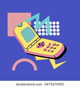 90s music background. Retro disco banner with y2k or 00s elements. Game or music equipment, laptop from 90s. Bright banner for social network.