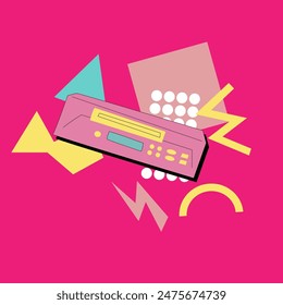 90s music background. Retro disco banner with y2k or 00s elements. Game or music equipment, laptop from 90s. Bright banner for social network.