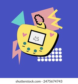 90s music background. Retro disco banner with y2k or 00s elements. Game or music equipment, laptop from 90s. Bright banner for social network.
