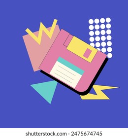 90s music background. Retro disco banner with y2k or 00s elements. Game or music equipment, laptop from 90s. Bright banner for social network.