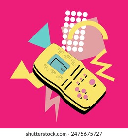 90s music background. Retro disco banner with y2k or 00s elements. Game or music equipment, laptop from 90s. Bright banner for social network.