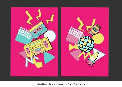 90s music background. Retro disco posters set with y2k or 00s elements. Game or music equipment, laptop from 90s. Bright background for social network.