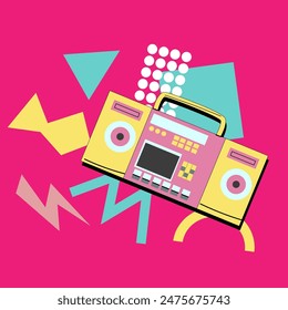 90s music background. Retro disco banner with y2k or 00s elements. Game or music equipment, laptop from 90s. Bright banner for social network.