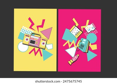 90s music background. Retro disco posters set with y2k or 00s elements. Game or music equipment, laptop from 90s. Bright background for social network.
