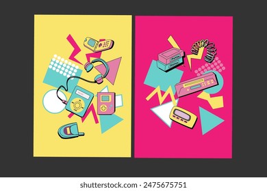 90s music background. Retro disco posters set with y2k or 00s elements. Game or music equipment, laptop from 90s. Bright background for social network.