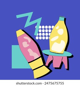 90s music background. Retro disco banner with y2k or 00s elements. Game or music equipment, laptop from 90s. Bright banner for social network.