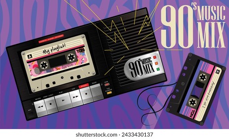 90's music mix cover. Cassette player Awesome mix volume. Retro cassette recorder player trendy background style. Disco party 1990, dance night. Radio popular playlist. Easy editable for Your poster.