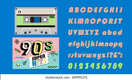 90's music mix. Super hits on audio cassette. Vintage retro font. Fashion, graphic background style.Dance party 1990, dance  night. Radio popular playlist. Easy editable for Your design.