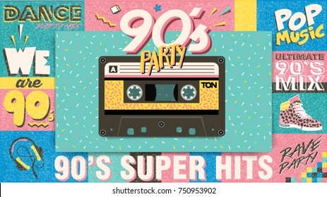 90's music mix. Trendy. Retro style design club. 90's party, 90s fashion, 90s background, 90's and 80's graphic, 90s style, pop music party 1990, vintage night. Easy editable Memphis poster design.