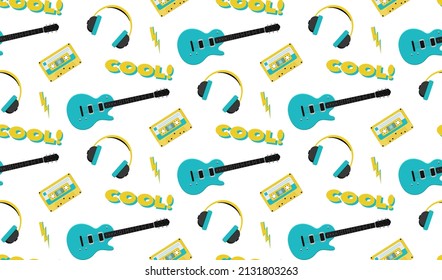 90s music style seamless pattern with audio cassette tape, headphones and electric guitar.
EPS 10 vector illustration.