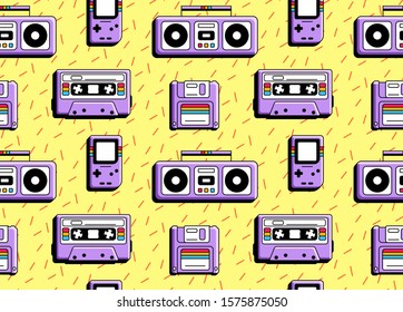 90s music. Vector illustration. Emblems of old music, last century. Poster music party vintage hits. Retro cassette and tape recorder.