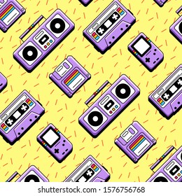 90s music. Vector illustration. Emblems of old music, last century. Poster music party vintage hits. Retro cassette and tape recorder.