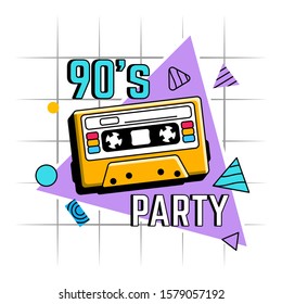 90s music. Vector illustration. Emblems of old music, last century. Poster music party vintage hits. Retro cassette and tape recorder.