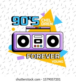 90s music. Vector illustration. Emblems of old music, last century. Poster music party vintage hits. Retro cassette and tape recorder.