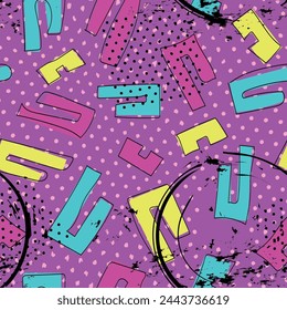 90s neon seamless pattern, colored hand drawn vector illustration