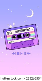 90s nostalgia aesthetic social media stories template design. Abstract retro background. Kawaii cute illustration. Compact cassette, Moon, stars.