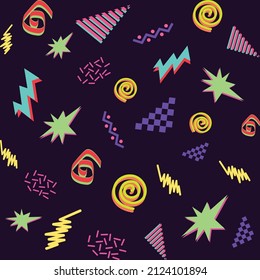 90s Nostalgia fashion vector seamlees pattern background. Cool color vintage style. Evoke 90s fashion arsthetic. Think bold, bright vibrant color abstract shape. Geometric element memphis illustration