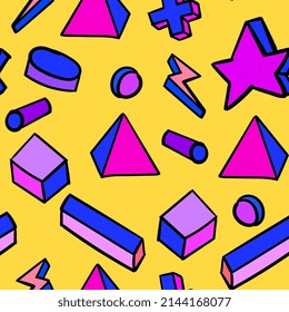 90s nostalgia seamless pattern in geometric style on blue background.