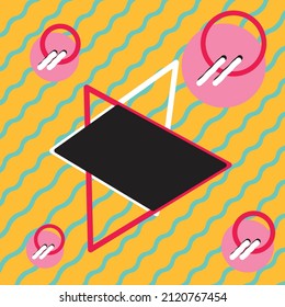 90's nostalgic style shapes pattern background with triangles, circles, zigzag line strokes and multiple colors