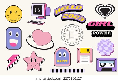 90s object design in pop and y2k style with emoji, star,tape