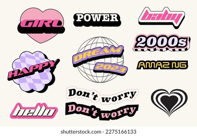 90s object design in pop and y2k style with text