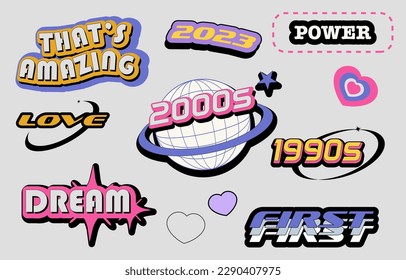 90s object design in pop and y2k style with emoji, star,heart