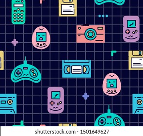 90s Old School Gadgets Flat Line Icons Wallpaper.Colorful Seamless Pattern With Joystick,casette,videotape,cell Phone And Others.Black Checkered Background. Vector