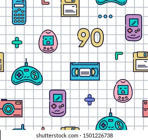 90s Old School Tech Gadgets Flat Line Icons.Colorful Seamless Pattern With Joystick,videotape,cell Phone  And Other.White Checkered Texture  Background.Vector.