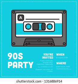 90s Party Cassette Invitation Design with Where and When Details
