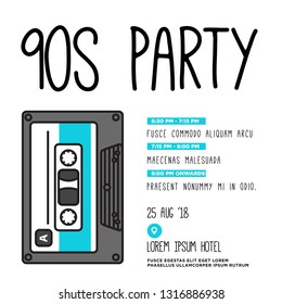 90s Party Cassette Invitation Design with Where and When Details