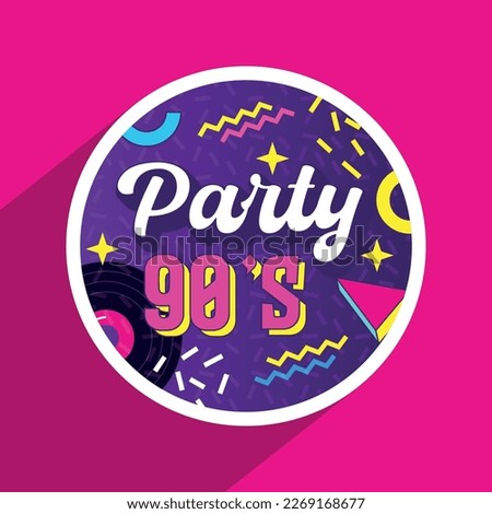 90's party circular sticker. vector illustration