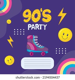 90s party invitation with emojis and rollerskates
