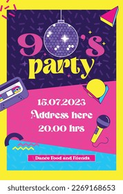 90's party invitation with retro elements . vector illustration