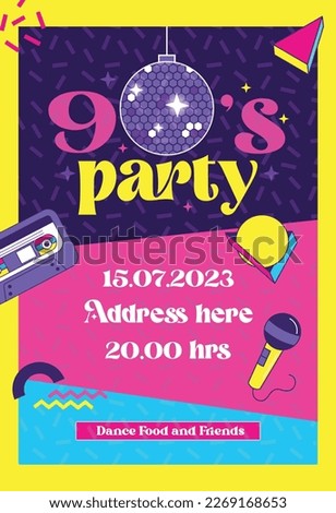 90's party invitation with retro elements . vector illustration