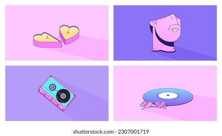 90s party lo fi chill wallpapers set. Candles heart. Audio cassette and compact disc 2D vector cartoon objects illustrations, vaporwave background. 80s retro album art collection, synthwave aesthetics