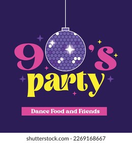 90's party poster with disco mirror ball . vector illustration