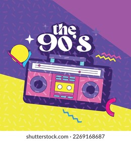 the 90's party poster with tape recorder. vector illustration