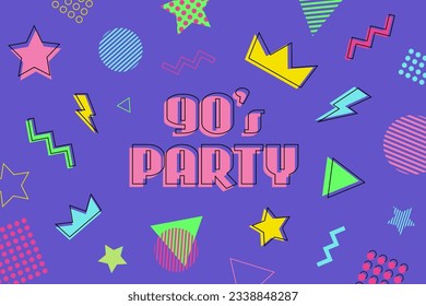 90s party text, abstract banner, retro style poster, bright letters on violet background, party invitation flyer design