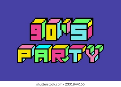 90s party text banner, retro style poster, bright pixeled letters on violet background, nineties party invitation design