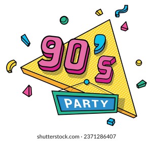 90s party triangle sign retro decorative groovy design isometric vector illustration. Musical festival funky invitation hipster geometric art banner creative contoured entertainment event announce