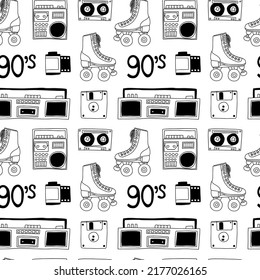 90's party vector seamless pattern. Doodle cassette player, boombox, roller skate, cassette, floppy disk isolated on white background.