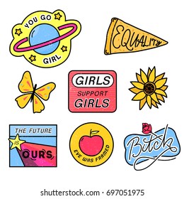 90s patches with feminism slogans. You go girl. The future is ours. Girls support girls. Eve was framed. Bitch sign with rose. 80s style pin design