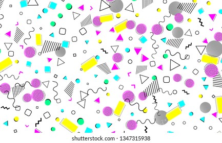 90s pattern. Memphis trend. Nineties pattern. Pop art color background. Vector Illustration. Hipster style 80s-90s. Abstract colorful funky background.
